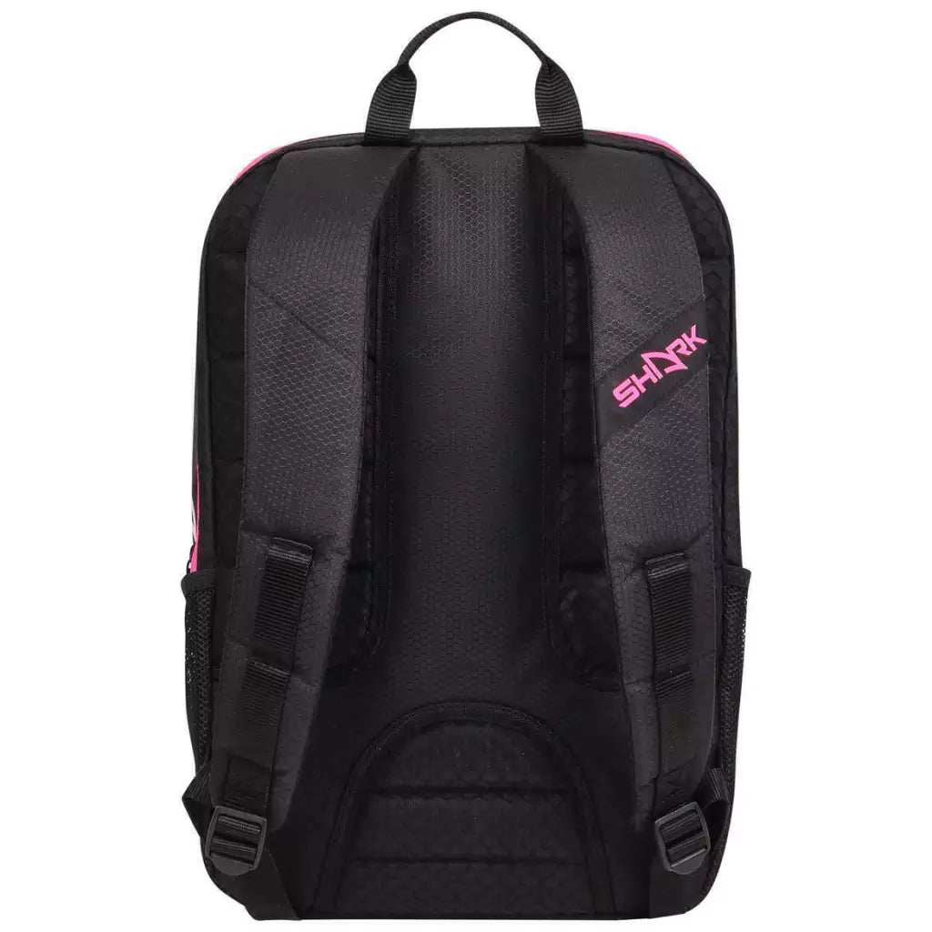 The back and carrying straps of iamBeachTennis.com Miami store, stocked  Shark Beach Tennis BT PRO Black & Pink Paddle Backpack.