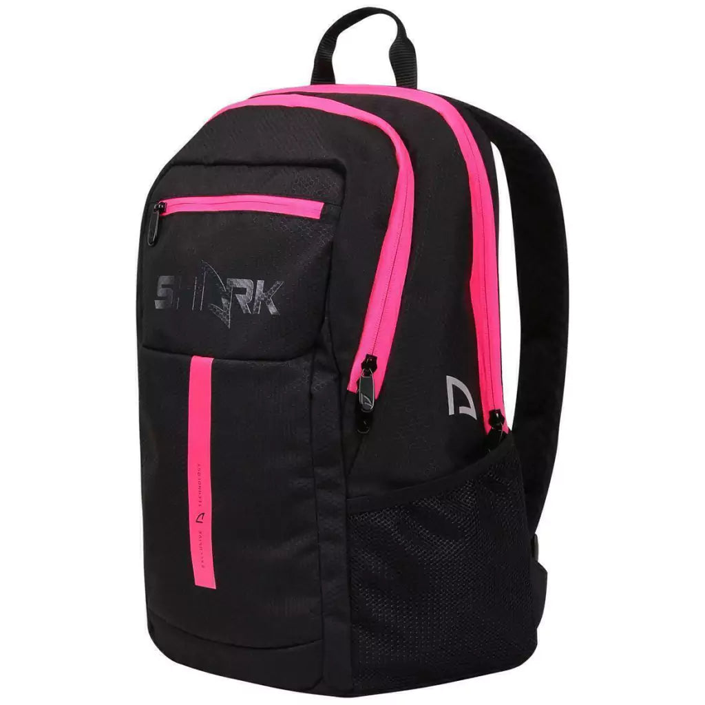 Side profile of  iamBeachTennis.com Miami store, stocked  Shark Beach Tennis BT PRO Black & Pink Paddle Backpack.