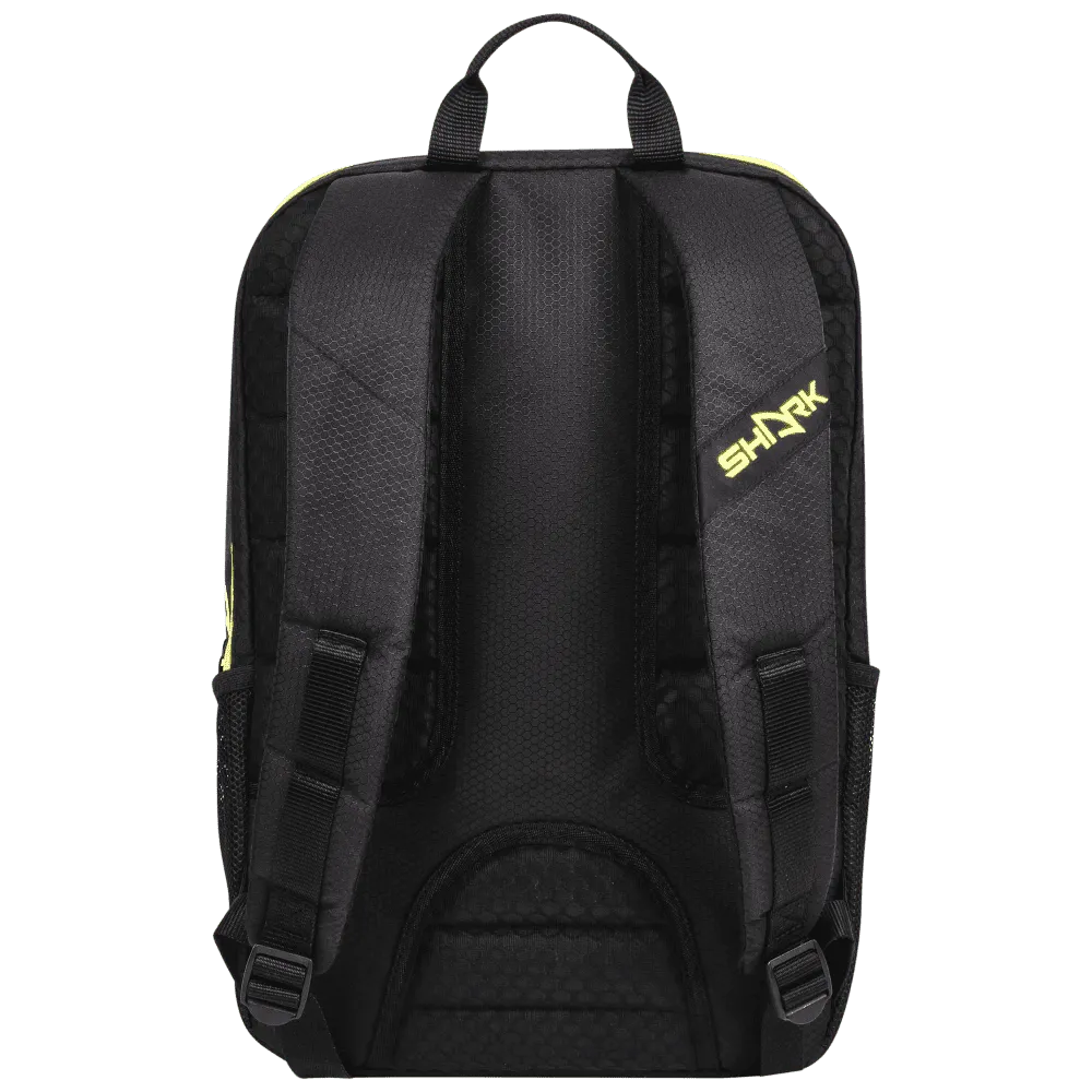 The back and carrying straps of iamBeachTennis.com Miami store, stocked  Shark Beach Tennis BT PRO Black & Yellow Paddle Backpack.