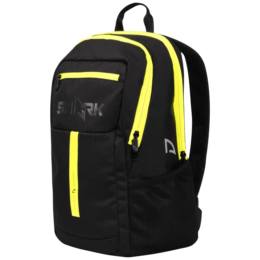 Side profile of  iamBeachTennis.com Miami store, stocked  Shark Beach Tennis BT PRO Black & Yellow Paddle Backpack.
