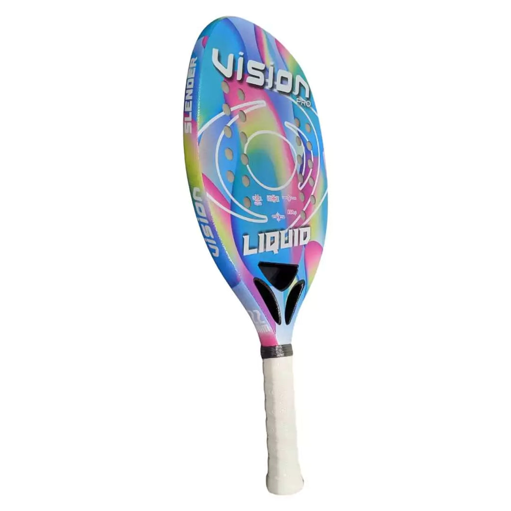 SPORT: BEACH TENNIS.  Purchase ision Pro products at iamBeachTennis online store.  A Vision LIQUID 2023 Beach Tennis Paddle, vertical rotated left.