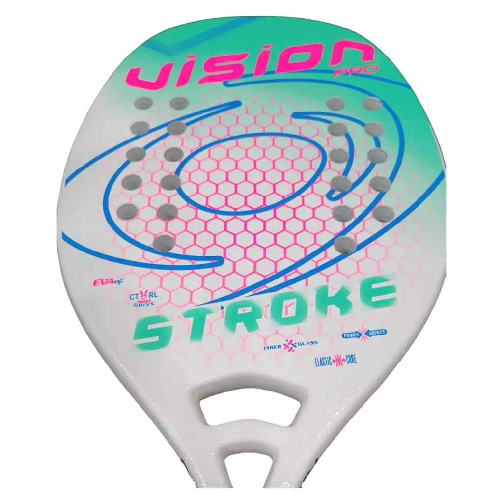 SPORT: BEACH TENNIS.  Find Vision Pro at iamBeachTennis online store. A Vision STROKE 2023 beginner Beach Tennis Paddle,  Partial view of face and neck.