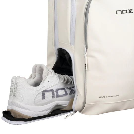 Shoe compartment of a Nox PRO White Series Backpack, available from iamRacketSports.com, online and in store.