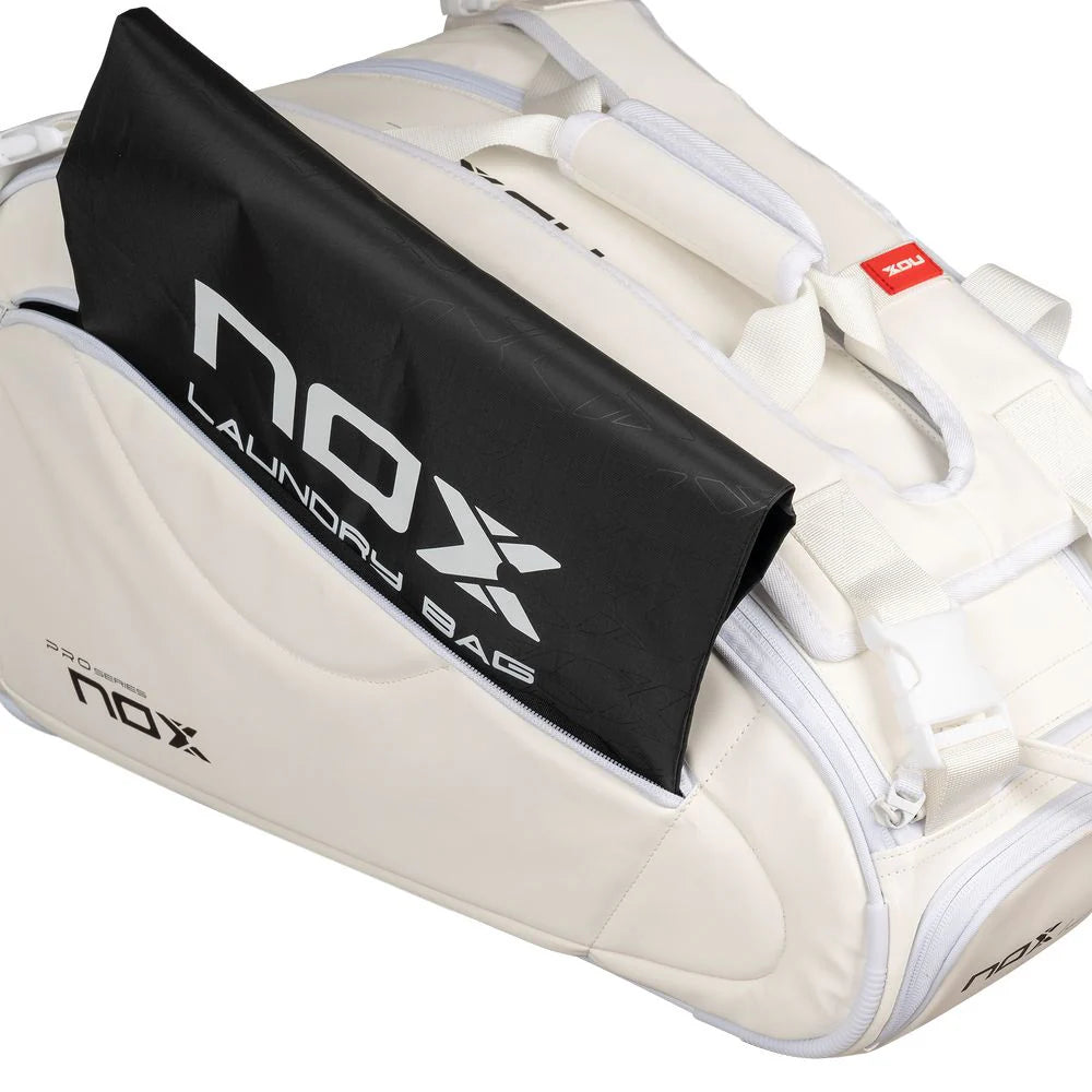 A Nox PRO Series White Racket Bag with open side compartment, available from iamRacketSports.com, in store and online.