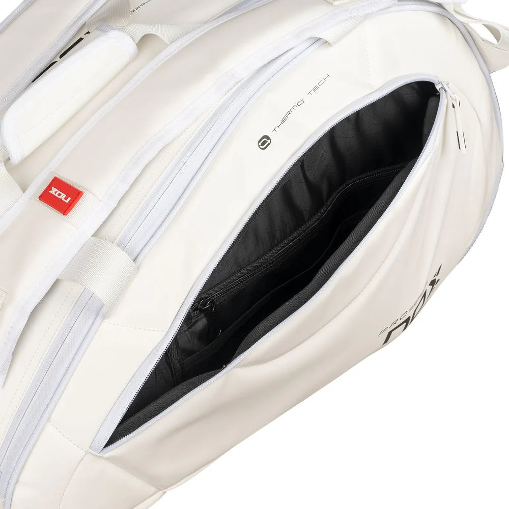 A Nox PRO Series White Racket Bag with open side compartment,available from iamRacketSports.com, in store and online.