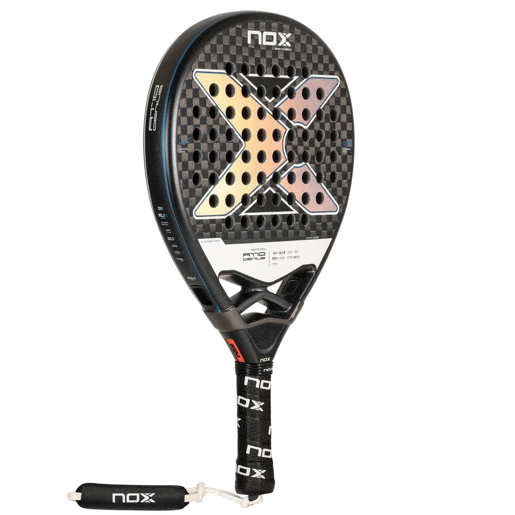 SPORT: PADEL. Shop at iampadeltennis.com for Nox.  A Nox AT10 Luxury GENIUS 12K Alum 2024 Agustín Tapia Padel Racket, professional level racket.  Vertical rotated right, side and face profile.