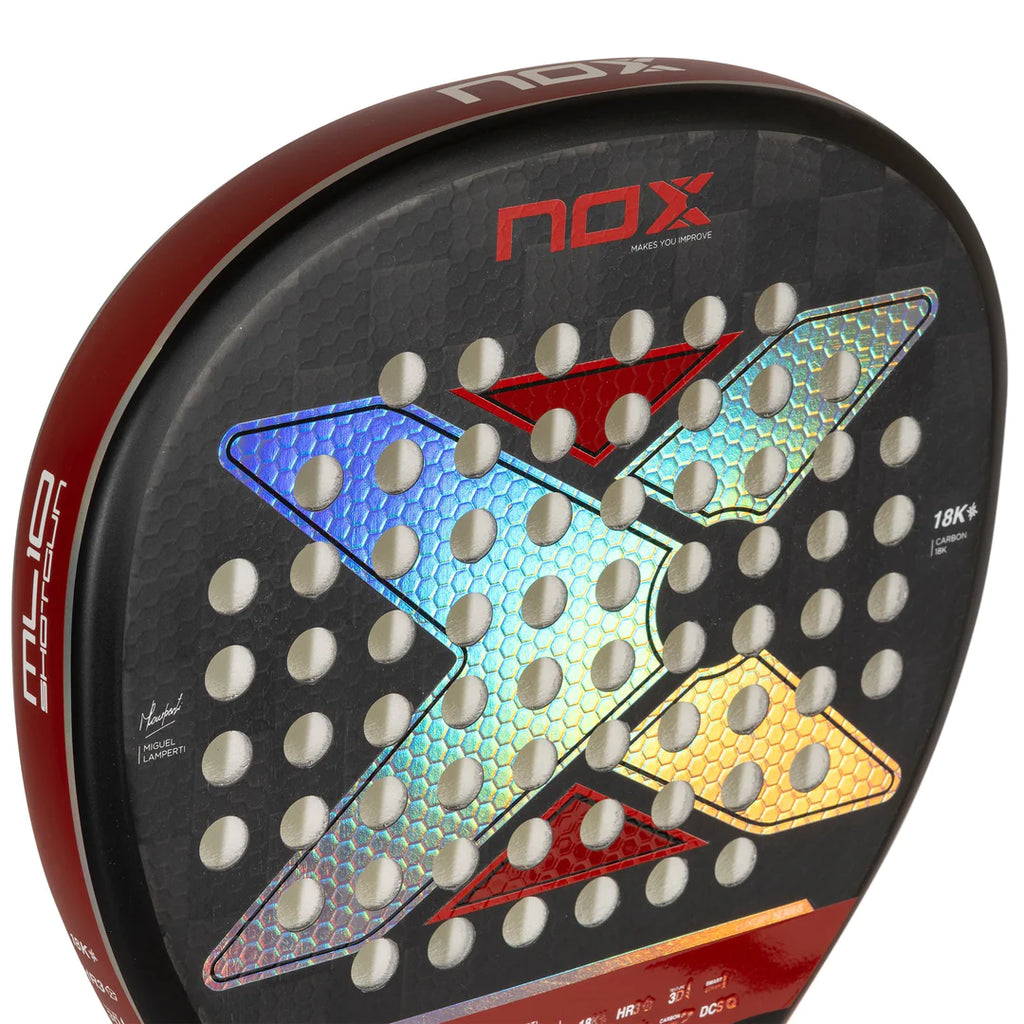 SPORT: PADEL. Partial view of the face of a  Nox 10 ML Luxury GENIUS 18K 2024 Miguel Lamperti Padel Racket. Shop at iampadeltennis.com for Nox, world wide shipping. 