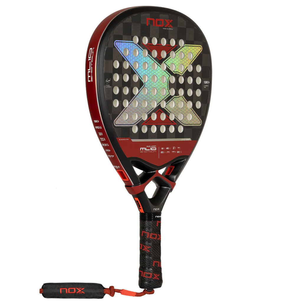 SPORT: PADEL. Shop at iampadeltennis.com for Nox.  A Nox 10 ML Luxury GENIUS 18K 2024 Miguel Lamperti Padel Racket, professional level racket.  Vertical rotated right, side and face profile.