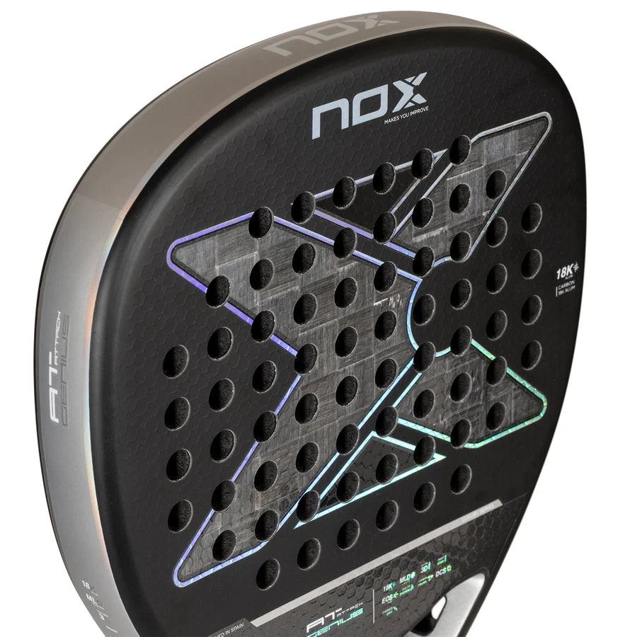 SPORT: PADEL. Paddle face of a  Nox AT Luxury GENIUS ATTACK 18K 2024 Agustín Tapia Padel Racket, find at "iamracketsports.com".