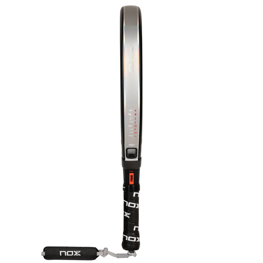 SPORT: PADEL. Side profile of a  Nox AT Luxury GENIUS ATTACK 18K 2024 Agustín Tapia Padel Racket, find at "iamracketsports.com".