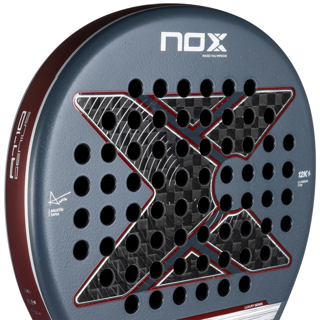 Racket face of a Nox Luxury Series AT10 GENIUS 12K 2025 Agustín Tapia Padel Racket. Shop Nox at iamRacketSports.com, Miami Store.