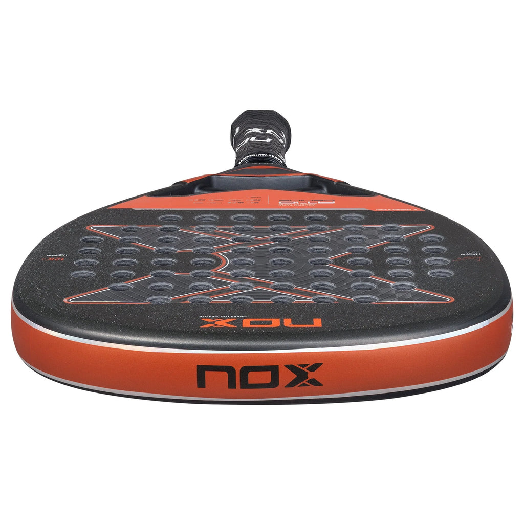 Tope edge of a Nox Luxury Series AT10 GENIUS ATTACK 12K 2025 Agustín Tapia Padel Racket. Shop Nox at iamRacketSports.com, Miami Store.