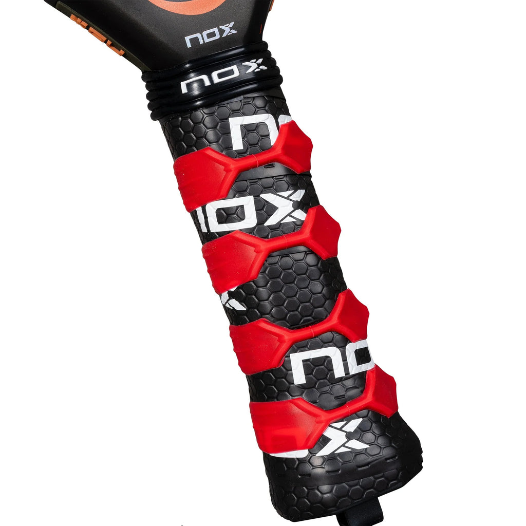 Racket handle of a Nox Luxury Series AT10 GENIUS ATTACK 12K 2025 Agustín Tapia Padel Racket. Shop Nox at iamRacketSports.com, Miami Store.