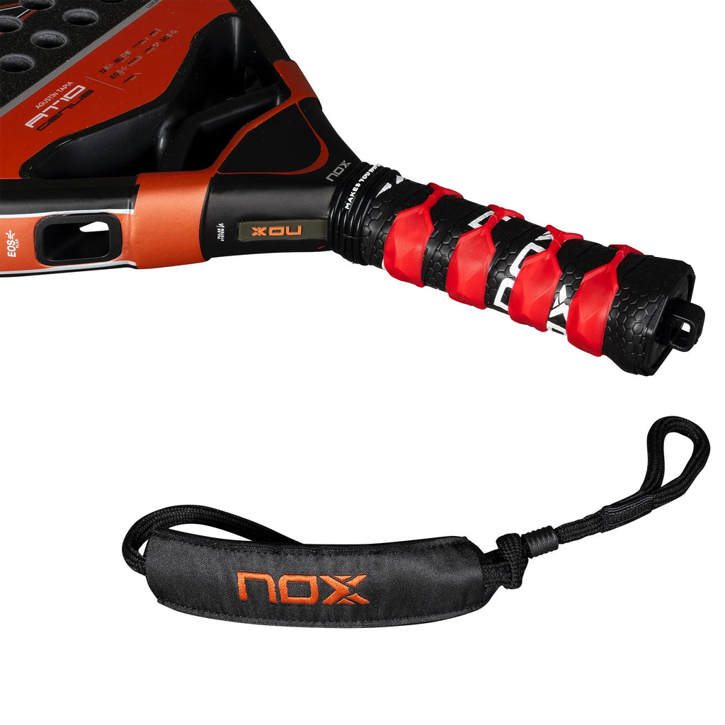 Racket handle and strap of a Nox Luxury Series AT10 GENIUS ATTACK 12K 2025 Agustín Tapia Padel Racket. Shop Nox at iamRacketSports.com, Miami Store.