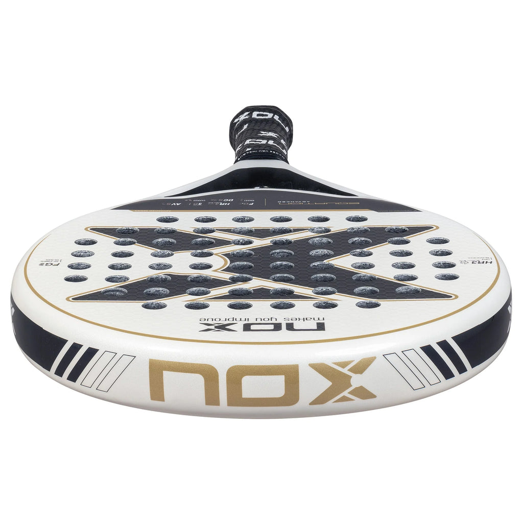 Top edge of a Nox ADVANCED Series EQUATION Padel Racket. Shop Nox at iamRacketSports.com, online and in Miami Store.