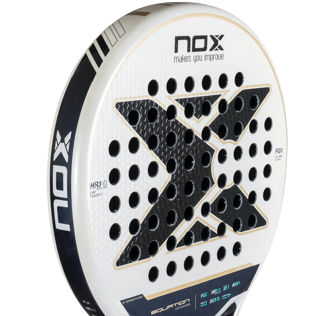 Racket face of a Nox ADVANCED Series EQUATION Padel Racket. Shop Nox at iamRacketSports.com, online and in Miami Store.