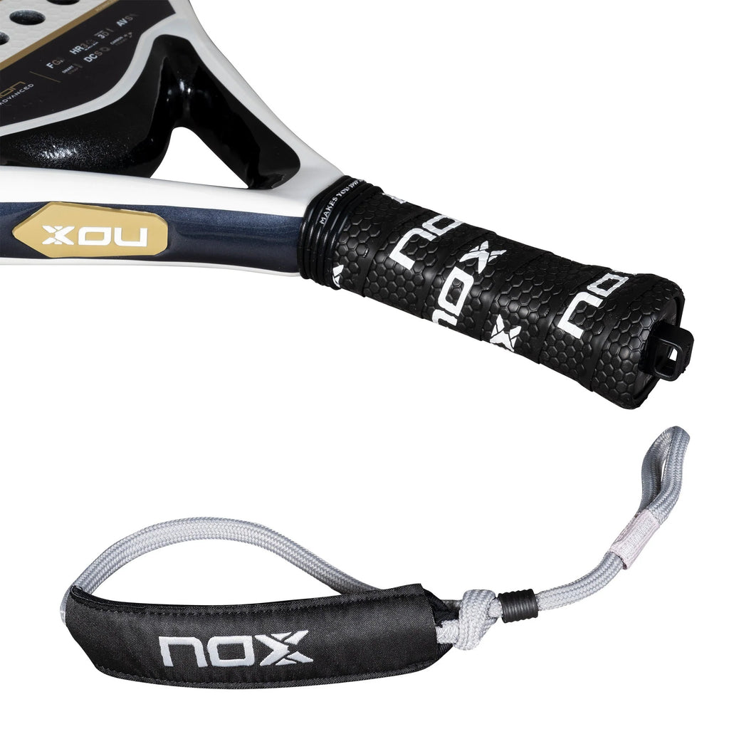 Racket handle and strap of a Nox ADVANCED Series EQUATION Padel Racket. Shop Nox at iamRacketSports.com, online and in Miami Store.