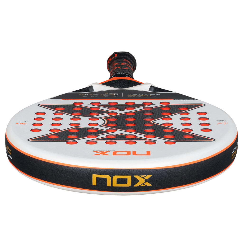 Top edge of a Series ML10 QUANTUM 3K 2025 MIGUEL LAMPERTI Padel Racket. Shop Nox at iamRacketSports.com, Miami Store.