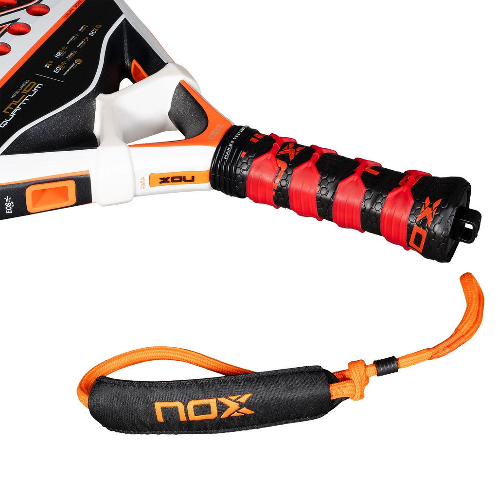 Racket handle and strap of a Series ML10 QUANTUM 3K 2025 MIGUEL LAMPERTI Padel Racket. Shop Nox at iamRacketSports.com, Miami Store.