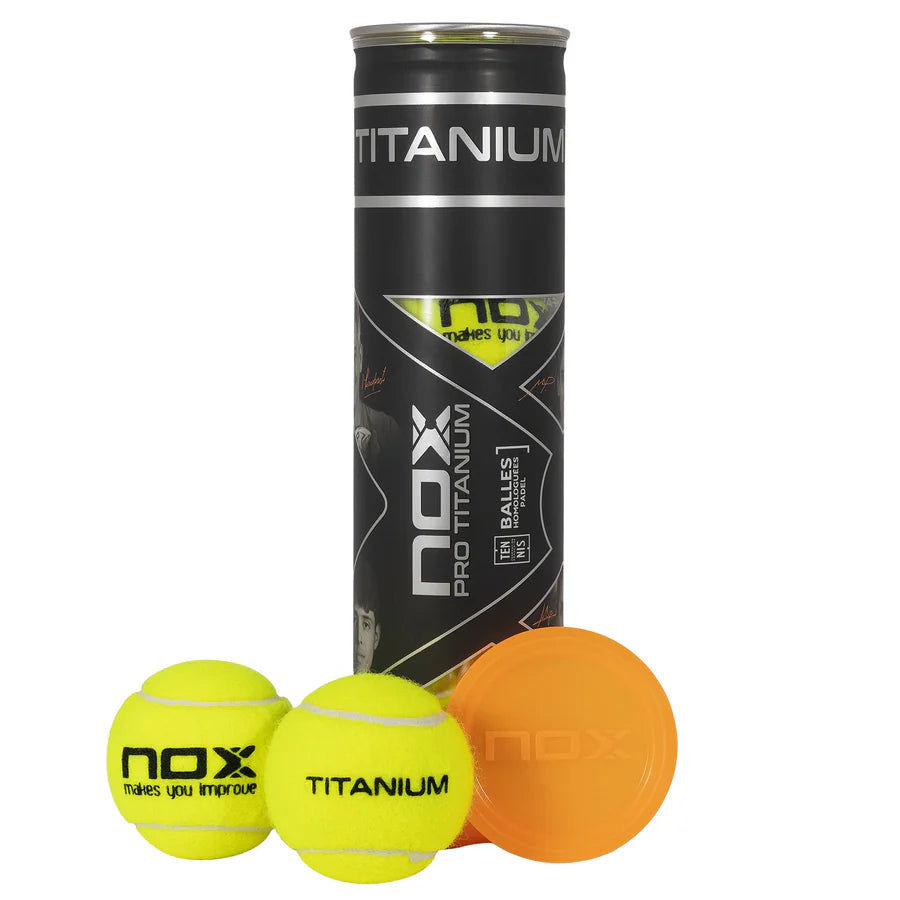 Four ball can of Nox Pro Titanium Padel Balls. Purchase from "iamRacketSports.com".