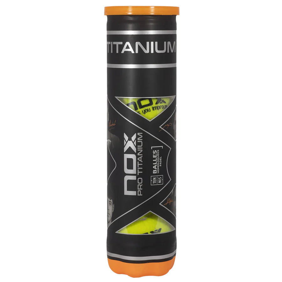 Four ball can of Nox Pro Titanium Padel Balls. Purchase from "iamRacketSports.com".