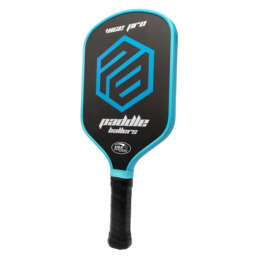 SPORT: PICKLEBALL. Shop PaddleBallers Pickleball Paddles and Rackets at "www.iamPickleball.Store" a division of "iamracketsports.com". Racket model is a 2023 PaddleBallers Vice Pro Pickleball Paddle/racket for beginner to advanced/professional players. Racquet/Paleta is in vertical side orientation. Front of Paddle.