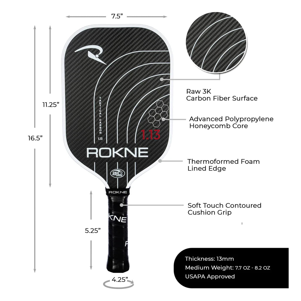 SPORT: PICKLEBALL. Shop Rokne Pickleball at iambeachtennis maimi Racket and Paddle Sports store. Racket model is a 2023 Rokne TAKTICAL CARBON 1.13 (13mm) Pickleball Paddle/racket for beginner to advanced/professional players. Infographic view of Racquet/Paleta with paddle specifications.