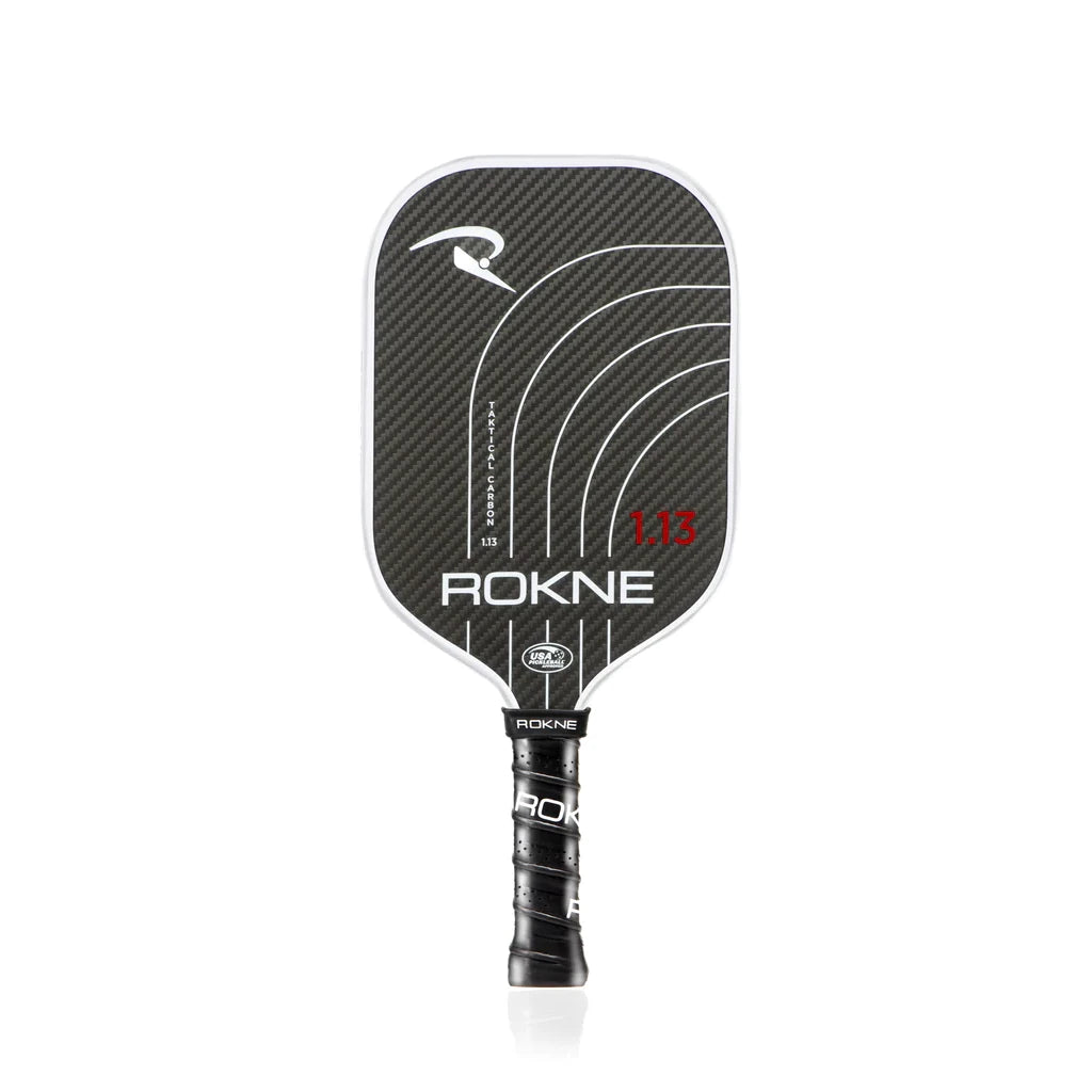SPORT: PICKLEBALL. Shop Rokne Pickleball Paddles and Rackets at "iam-Pickleball.com" a division of "iamracketsports.com". Racket model is a 2023 Rokne TAKTICAL CARBON 1.13 (13mm) Pickleball Paddle/racket for beginner to advanced/professional players. Racquet/Paleta is in vertical orientation. Front of Paddle.