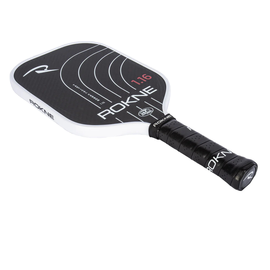 SPORT: PICKLEBALL. Shop Rokne Pickleball Paddles and Rackets at "iam-Pickleball.com" a division of "iamracketsports.com". Racket model is a 2023 Rokne TAKTICAL CARBON 1.16 (16mm) Pickleball Paddle/racket for beginner to advanced/professional players. Racquet/Paleta is in Flat orientation. Front of Paddle.