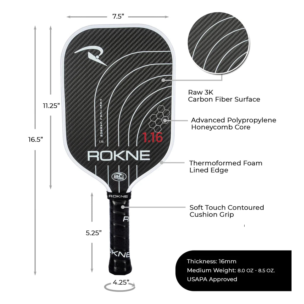  SPORT: PICKLEBALL. Shop Rokne Pickleball at iambeachtennis maimi Racket and Paddle Sports store. Racket model is a 2023 Rokne TAKTICAL CARBON 1.16 (16mm) Pickleball Paddle/racket for beginner to advanced/professional players. Infographic view of Racquet/Paleta with paddle specifications.