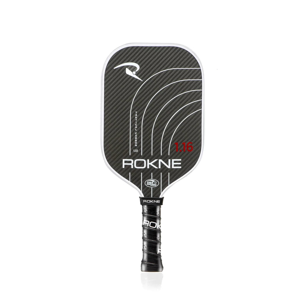 SPORT: PICKLEBALL. Shop Rokne Pickleball Paddles and Rackets at "iam-Pickleball.com" a division of "iamracketsports.com". Racket model is a 2023 Rokne TAKTICAL CARBON 1.16 (16mm) Pickleball Paddle/racket for beginner to advanced/professional players. Racquet/Paleta is in vertical orientation. Front of Paddle.