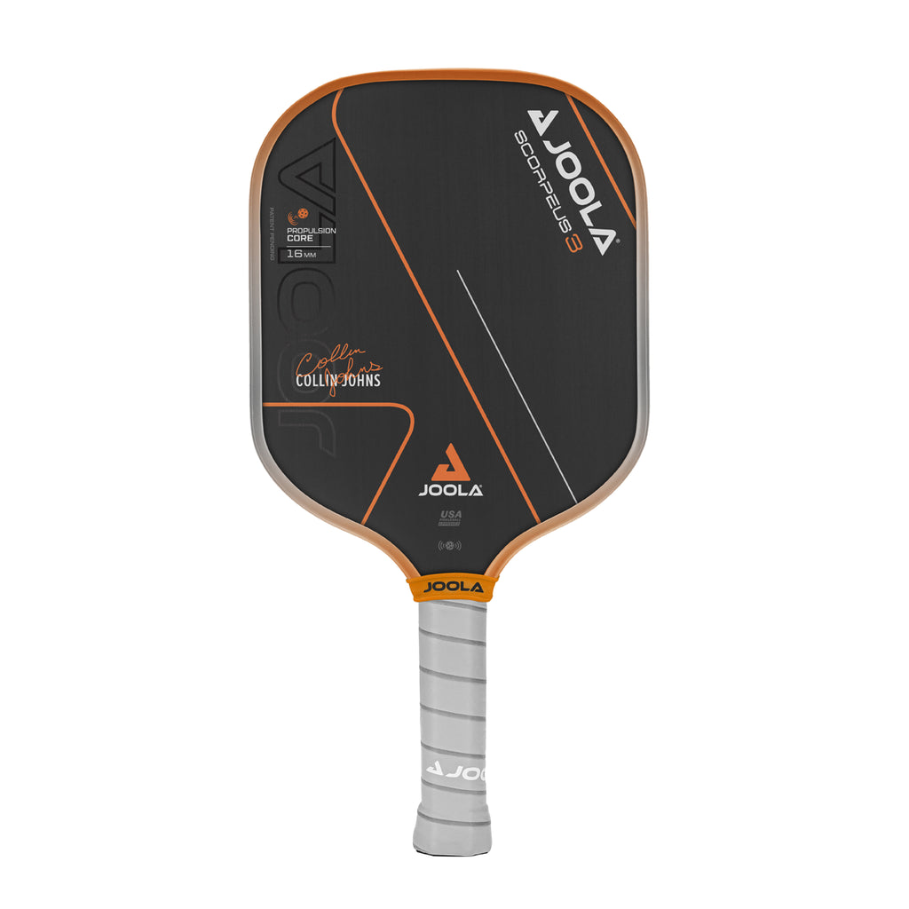 A Joola Collin Johns SCORPEUS 3 16mm 2024 Pickleball Paddle, Charged Carbon Surface, Propulsion Core, 7.8oz. Available at iamRacketSports.com.