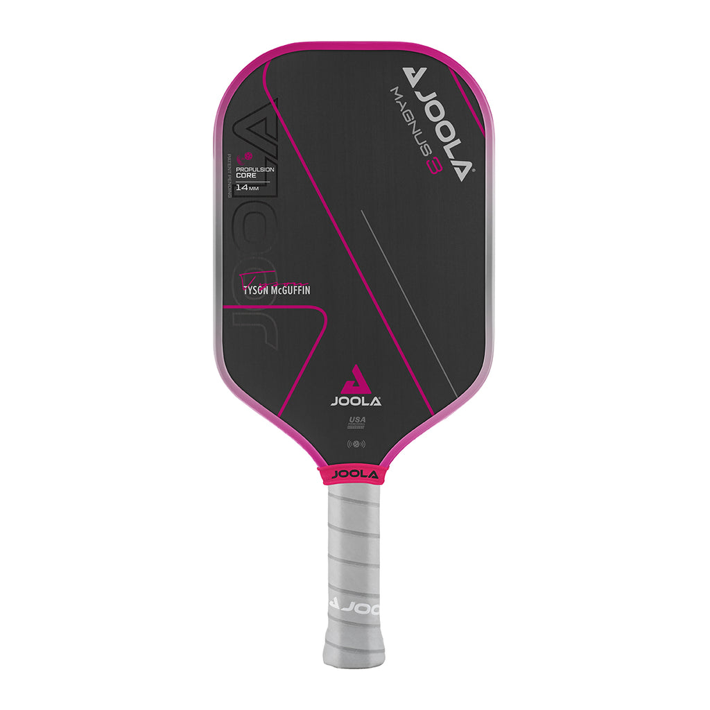 A JOOLA Tyson McGuffin MAGNUS 3 14mm 2024 Pickleball Paddle Charged Carbon Surface, elongated, 7.9oz. Available at iamRacketSports.com.