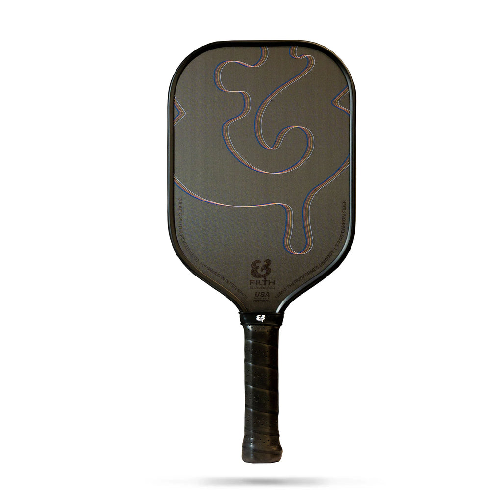 A black Bread & Butter THE FILTH 16mm 2024 Elongated Pickleball Paddle, Nano T700 Raw Carbon Fiber face surface, High-Density Polypropylene core, available at iampickleball.store.