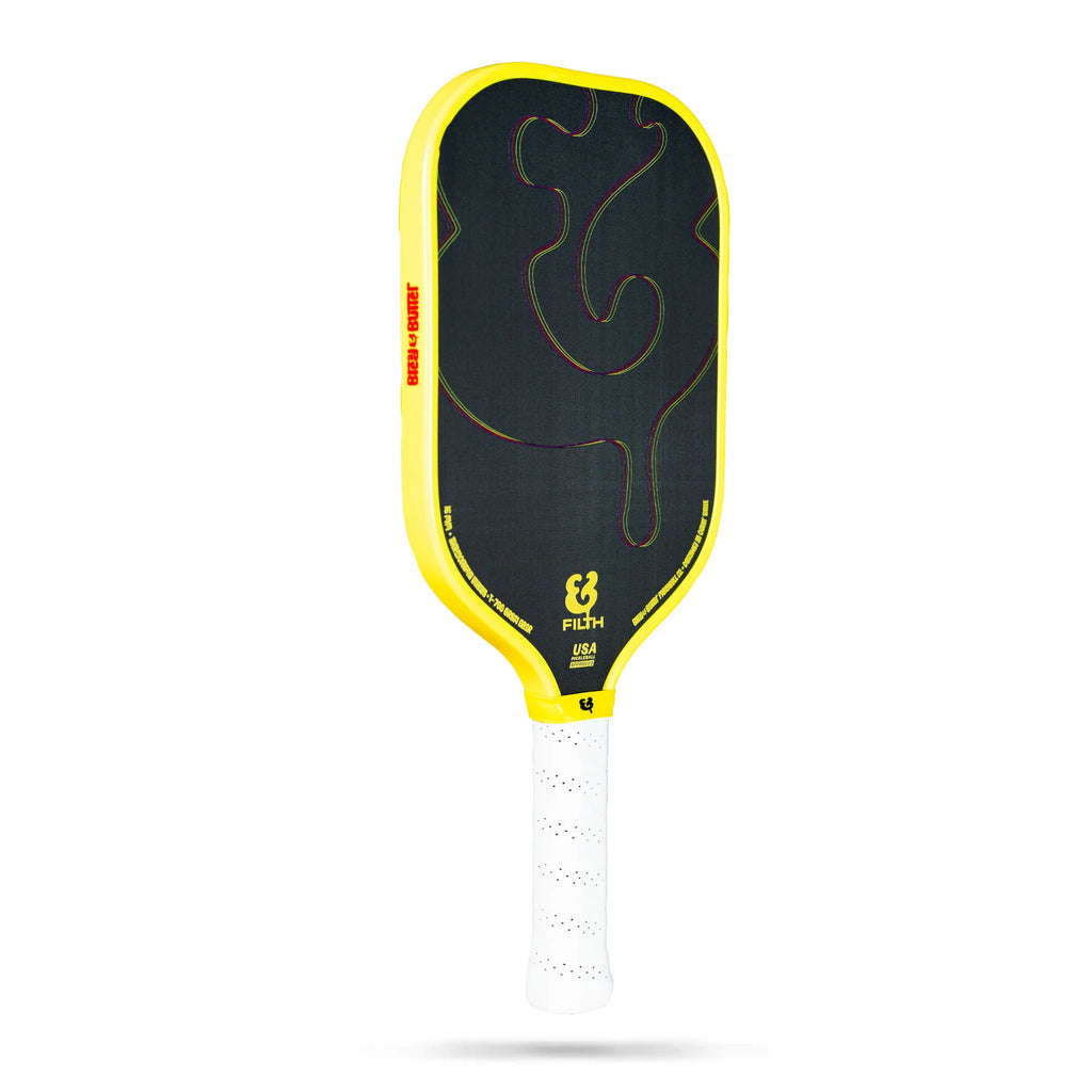 A yellow edged Bread & Butter Filth 16mm 2024 Elongated Pickleball Paddle, available at iamracketsports.com, Miami shop.