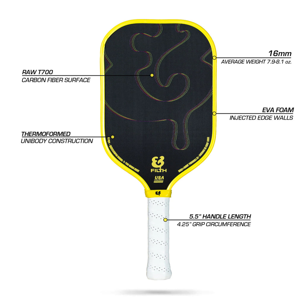 Infographic of technologies of the   Bread & Butter Filth yellow edge guard, 16mm 2024 Elongated Pickleball Paddles,  available at iampickleball.store , Miami shop.