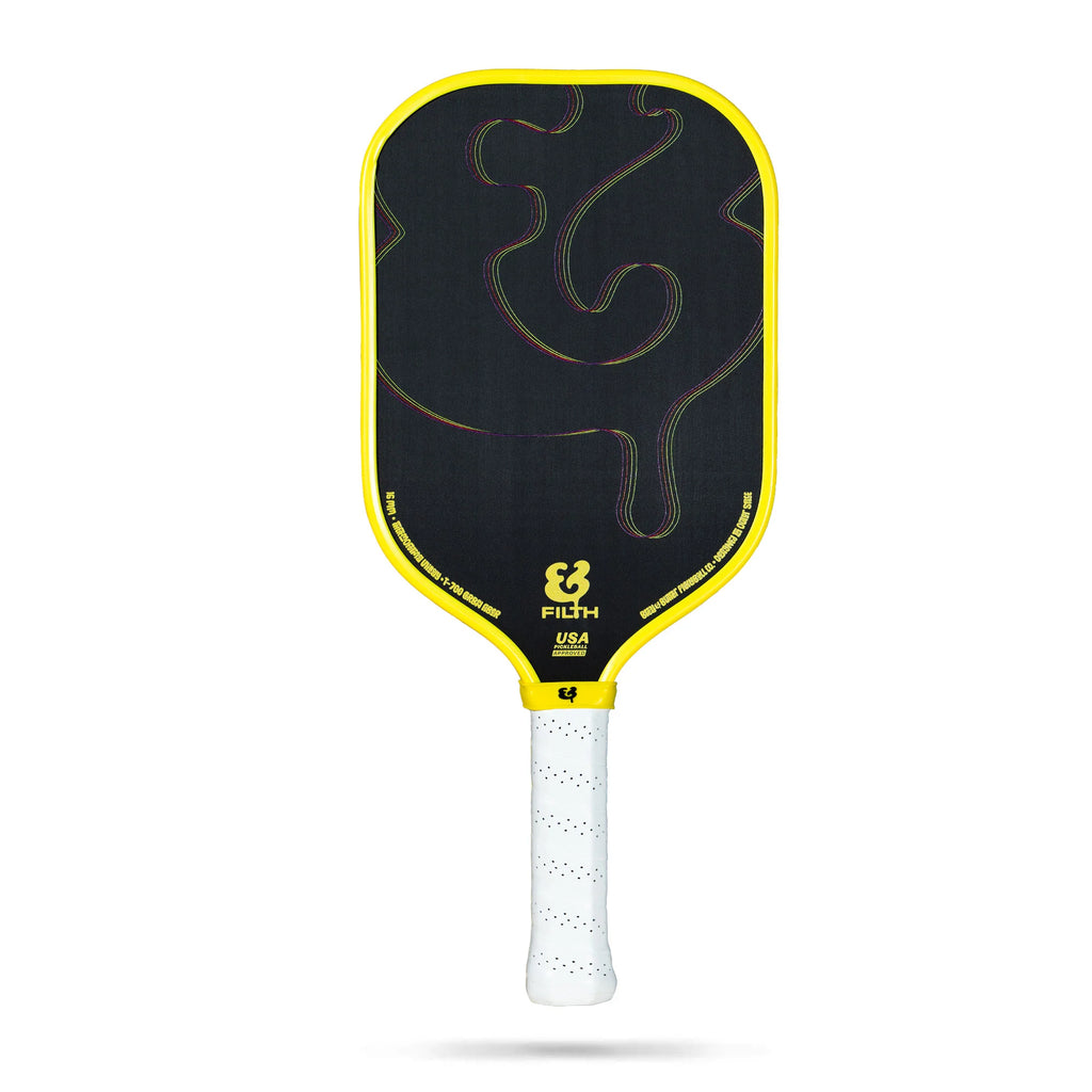 A yellow edged Bread & Butter Filth 16mm 2024 Elongated Pickleball Paddle, available at iamracketsports.com, Miami shop.