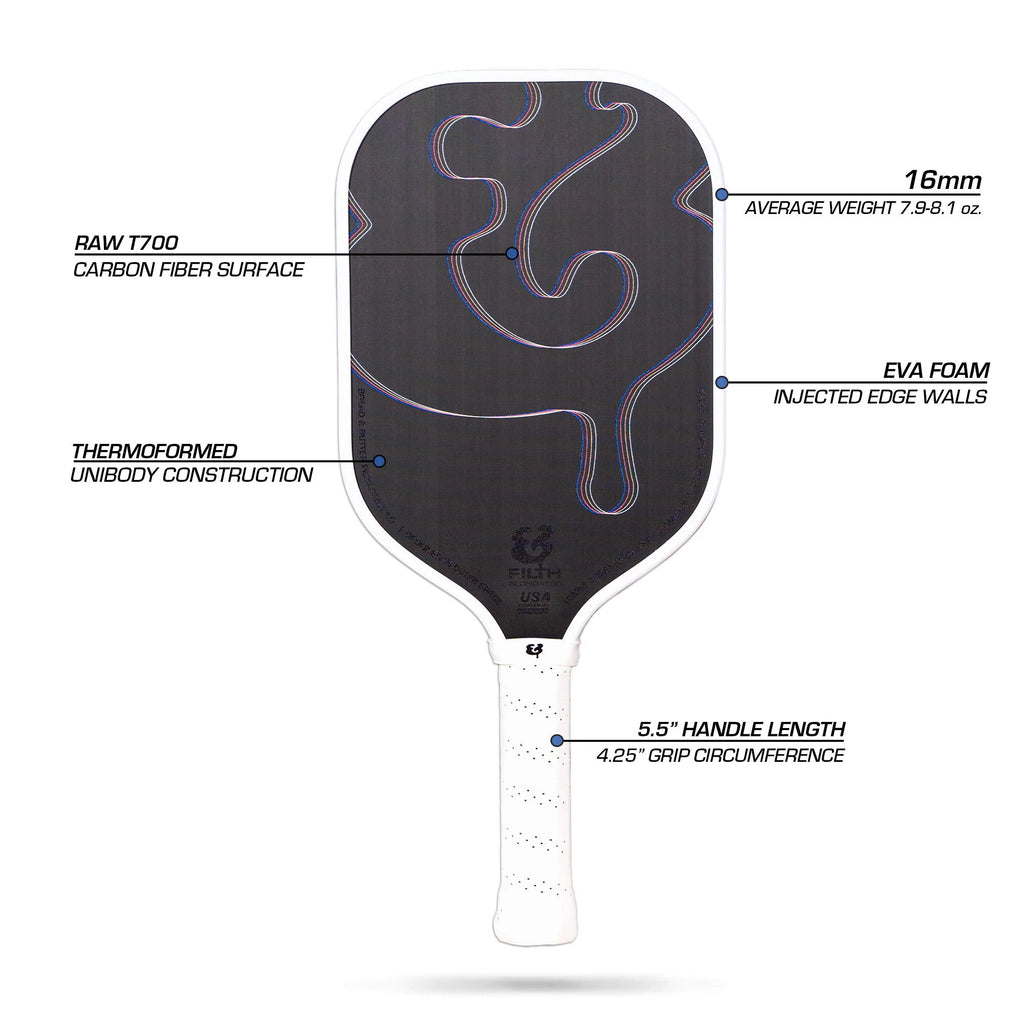 A infographic of specs of a Bread & Butter FILTH 16mm 2024 Elongated Pickleball Paddle, available at iampickleball.store.