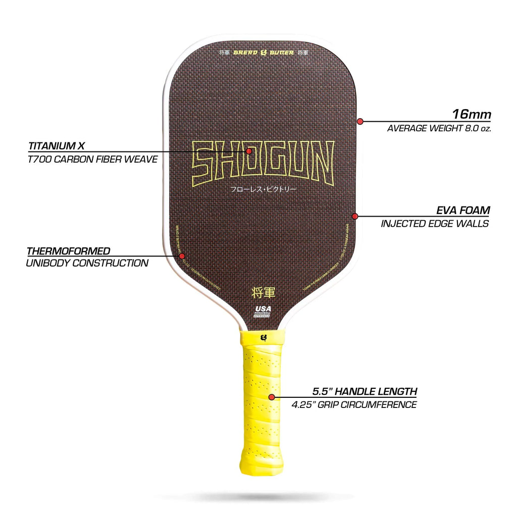 A infographic of specs of a Bread & Butter SHOGUN 16mm 2024 Elongated Pickleball Paddle, available at iampickleball.store.