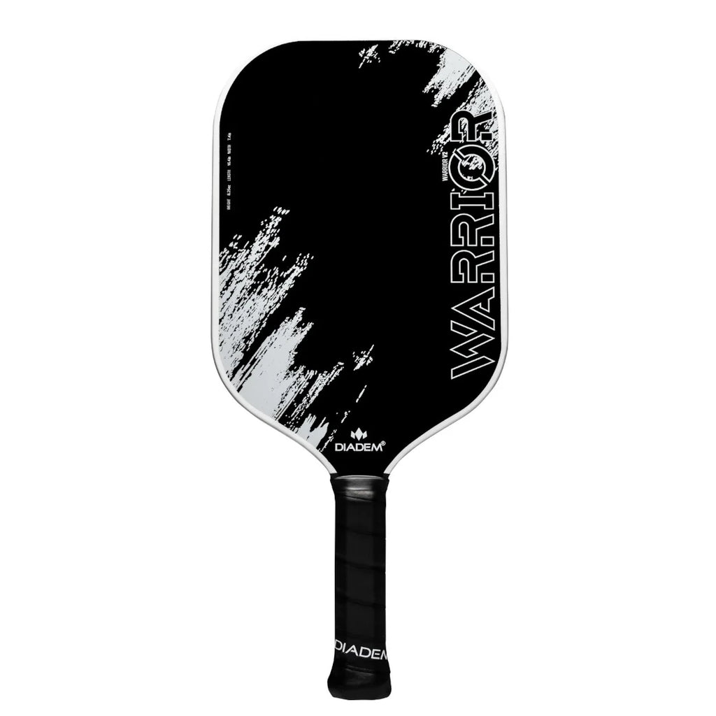 Diadum Warrior v2 pickleball Paddle, at iamBeachTennis.com online Boutique store.Professional rating, 19 mm, Poly Honeycomb core, carbon face with grit paint and medium high balance point, vertical ,face on profile in winter white.