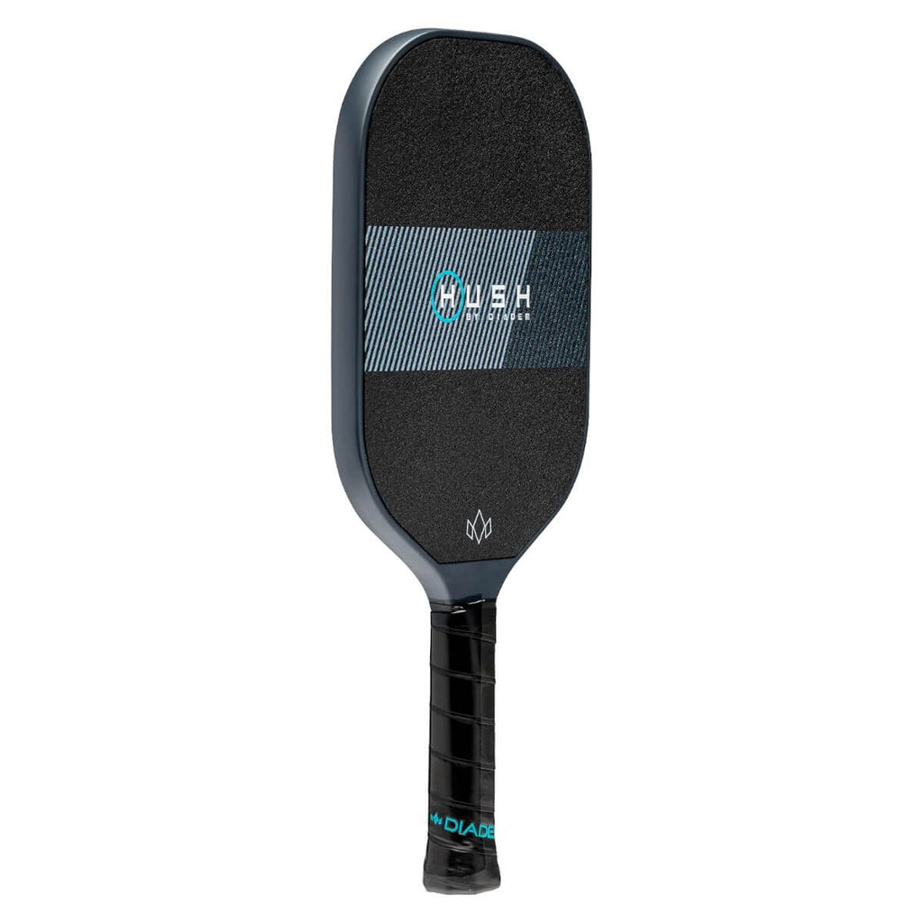 A black Diadem Sports HUSH Pickleball Paddle 2024 Pickleball Paddle, available at "iam-pickleball.com".
