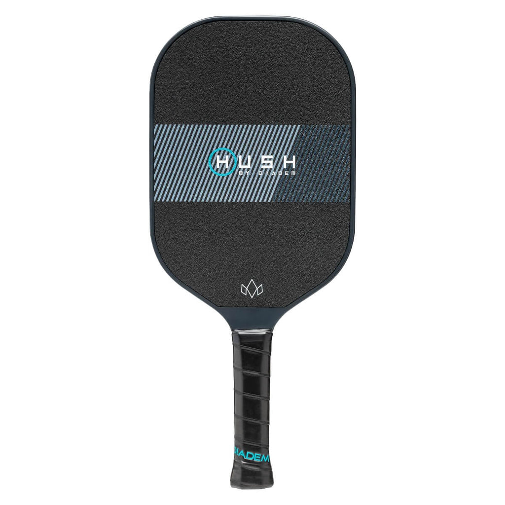 A  black Diadem Sports HUSH Pickleball Paddle 2024 Pickleball Paddle, available at "iam-pickleball.com".