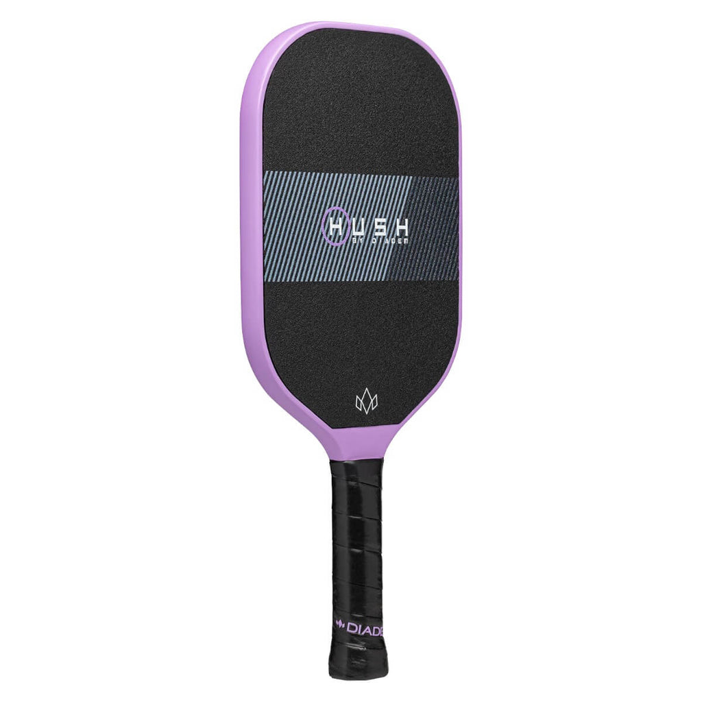 A purple Diadem Sports HUSH Pickleball Paddle 2024 Pickleball Paddle, available at "iam-pickleball.com".