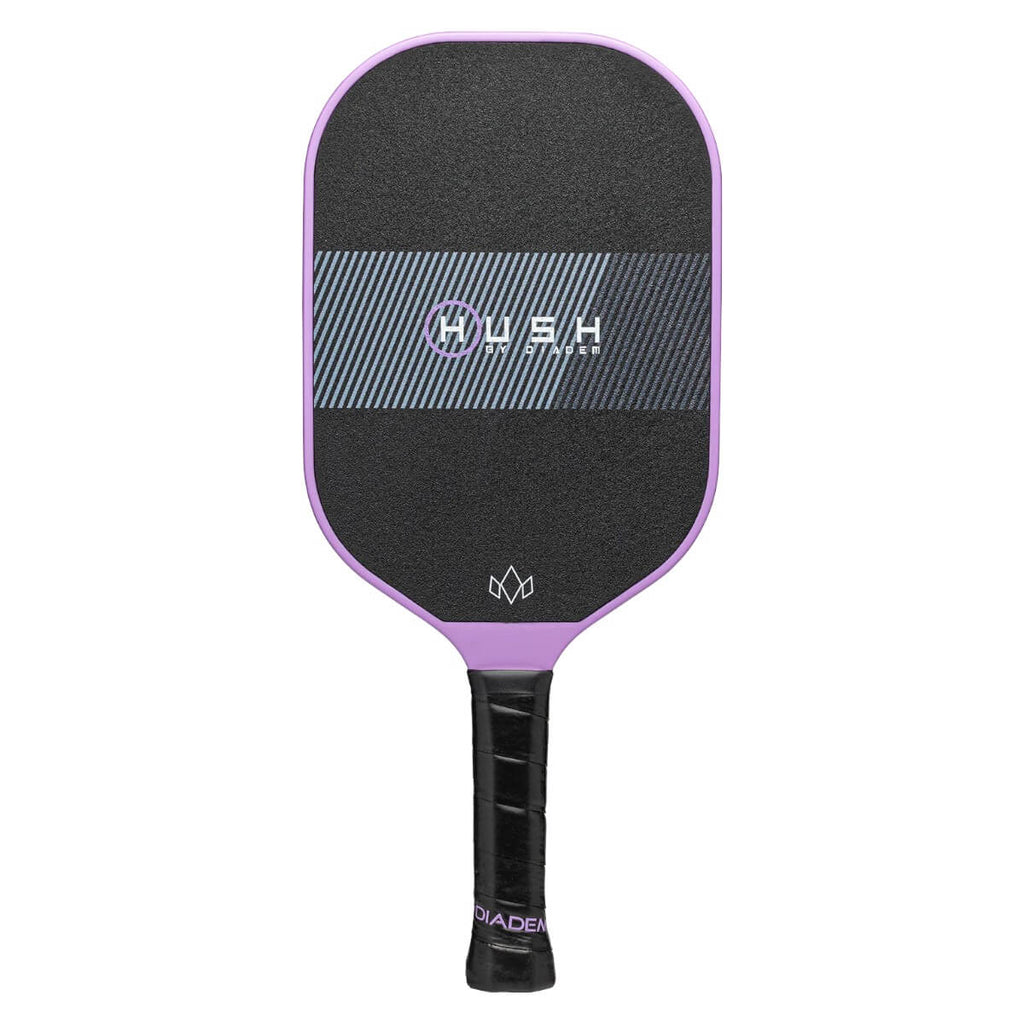 A purple Diadem Sports HUSH Pickleball Paddle 2024 Pickleball Paddle, available at "iam-pickleball.com".