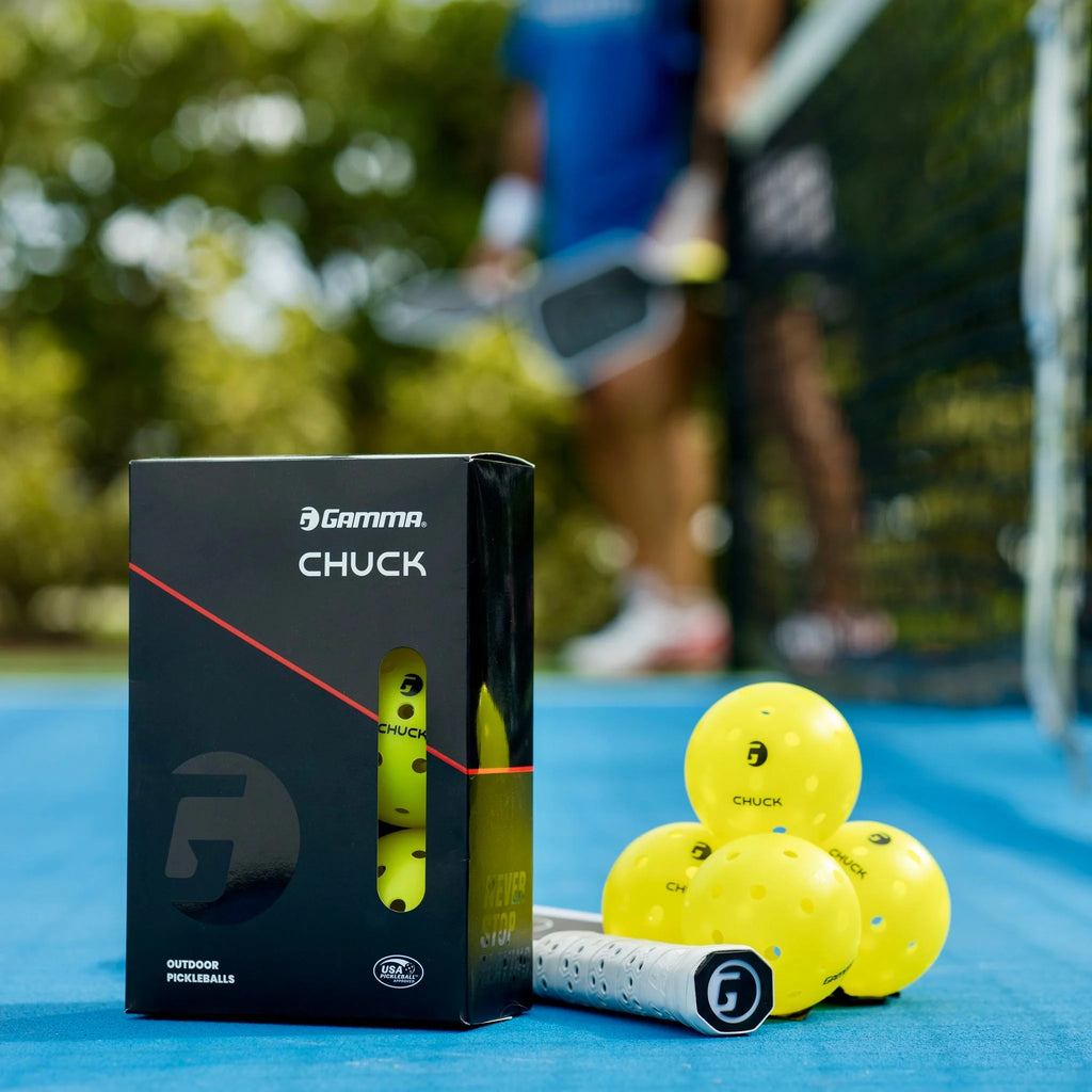 A six ball pack of
Gamma CHUCK outdoor Pickleballs,
available from iamPickleball.store.