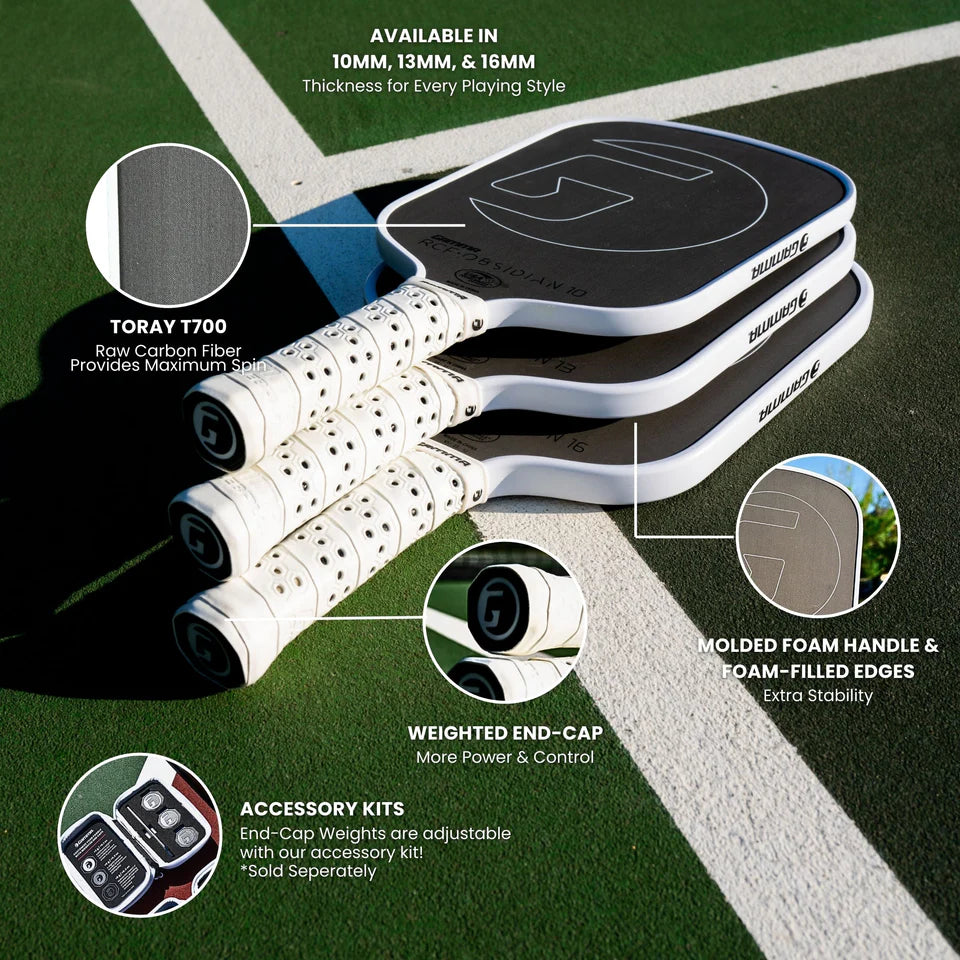 A inforgraphic of the technically specifications of the Gamma OBSIDIAN 16MM Pickleball Paddle,
purchase at iamRacketSports.com miami shop.
