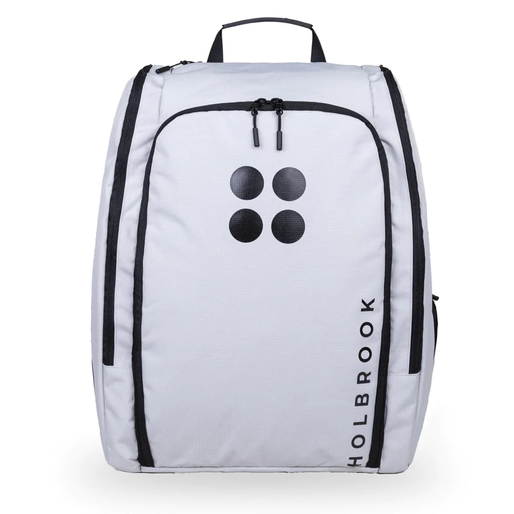  SPORT:PICKLEBALL.Holbrook Pickleball at "iamracketsports.com" Miami's pickleball center.  A Holbrook pickleball Podium paddle/racket bag in white with black zips. Showing front face of bag.