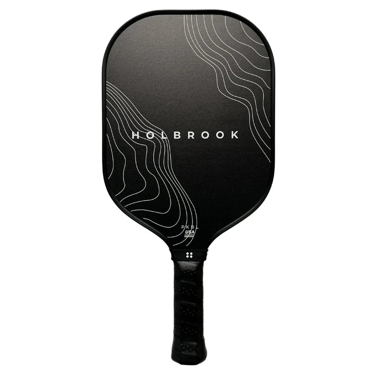 SPORT:PICKLEBALL. Shop Holbrook Pickleball Paddles and Rackets at "iamPickleball.Store" a division of "iamracketsports.com". Racket model is a 2023 Holbrook PERFORMANCE DAY'N NIGHT Pickleball Paddle/racket for intermediate players.  Racquet/Paleta is showing its black playing surface with a white geometric design, black gripped handle and edge protector.
