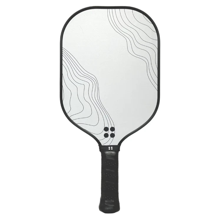 SPORT:PICKLEBALL. Shop Holbrook Pickleball Paddles and Rackets at "iamPickleball.Store" a division of "iamracketsports.com". Racket model is a 2023 Holbrook PERFORMANCE DAY'N NIGHT Pickleball Paddle/racket for intermediate players.  Racquet/Paleta is showing its white playing surface with a black geometric design, black gripped handle and edge protector.