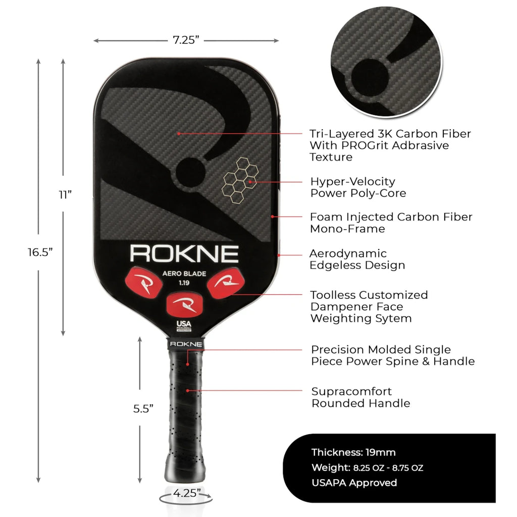 SPORT: PICKLEBALL. Infographic of specfications of the Rokne 2024 AERO BLADE 1.19 Pickleball Paddle. Shop Rokne Paddles at "iamracketsports.com".